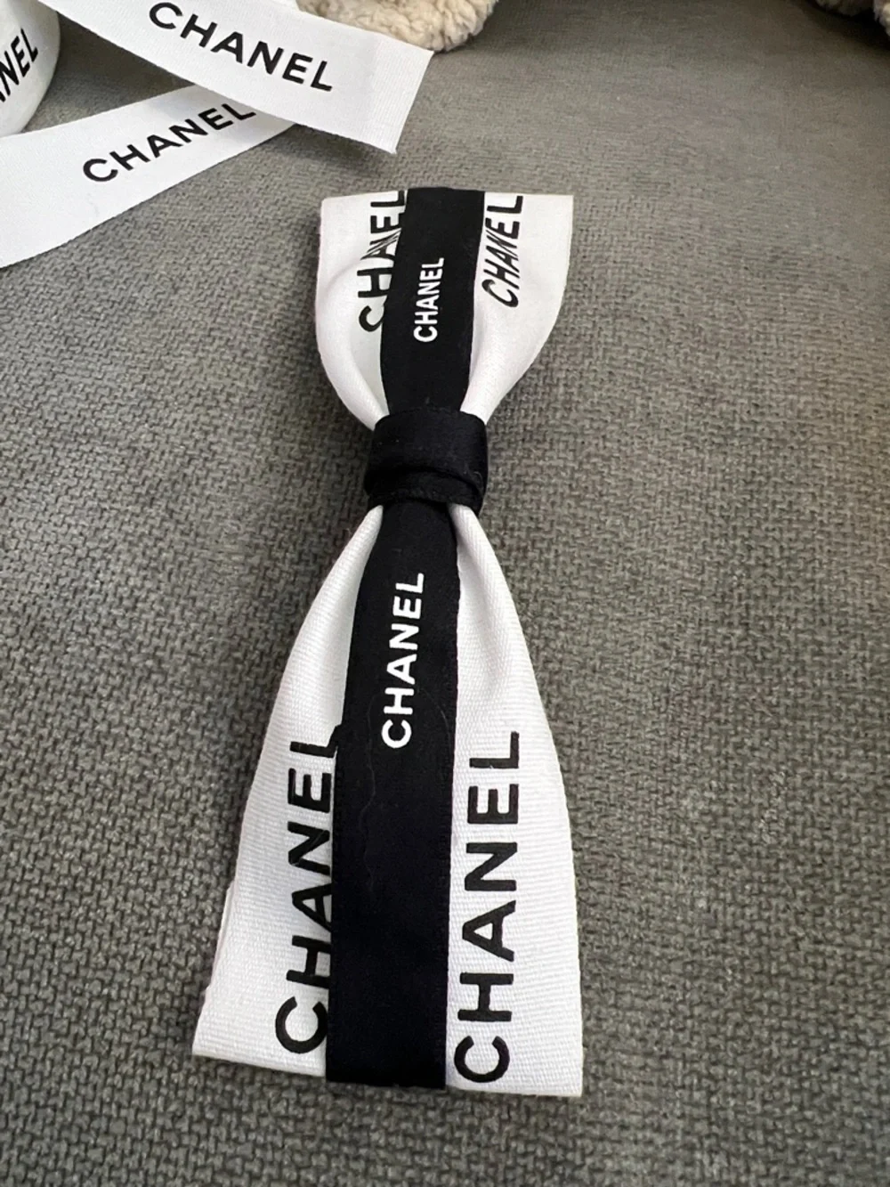CHANEL White Ribbon with Black Logo 3 Yards